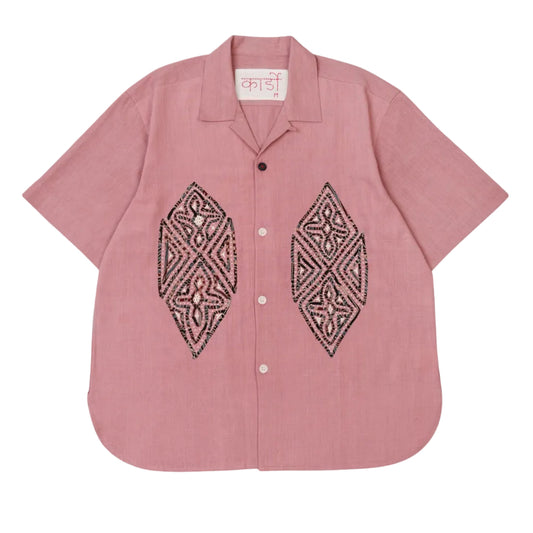 KARDO / RONEN / RELAXED FIT CAMP COLLAR SS SHIRT WITH HAND APPLIQUE / PINK