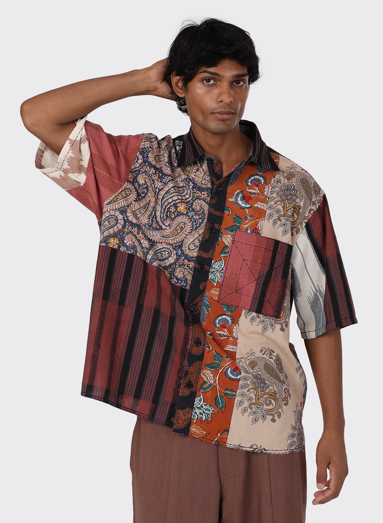 KARDO / YUTO / OVERSIZED 12 PANEL PATCHWORK SHIRT WITH RAW EDGE DETAILS